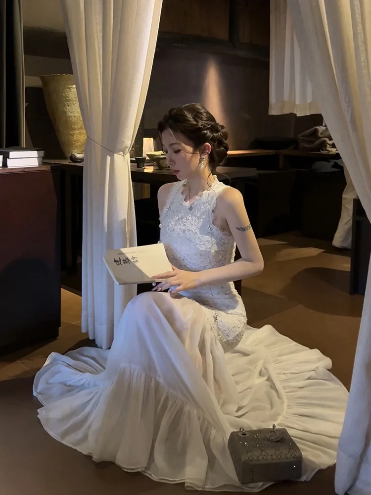 

Lace Trim Halter Neck Dress And Skirt Set Women's Fashion Spring Outfit Cotton Blend Breathable Casual Style