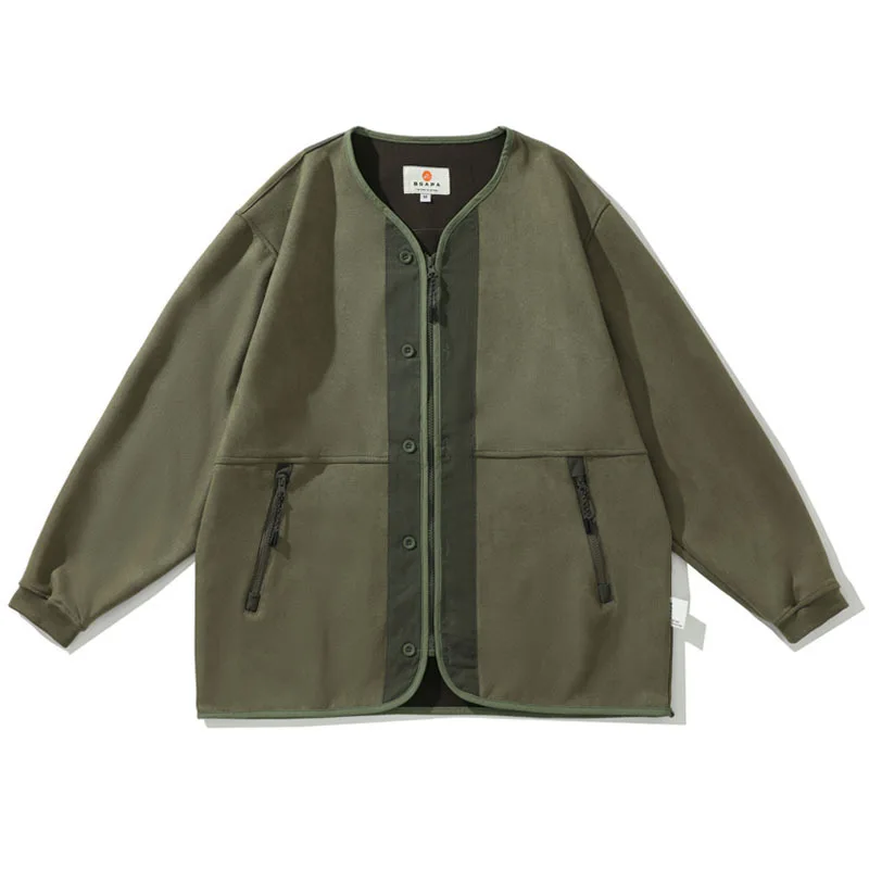 

Japanese Amekaji Collarless V-Neck Suede Trim Workwear Jacket Unisex Loose Karate Kendo Martial Arts Kimono Cardigan