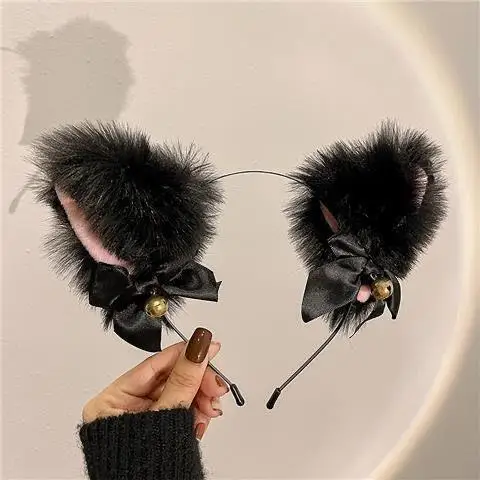 Cat Ears Headband for Women Girls Sexy Lace Bow Necklace Plush Bell Hairband Cosplay Masquerade-Party Costume Hair Accessories