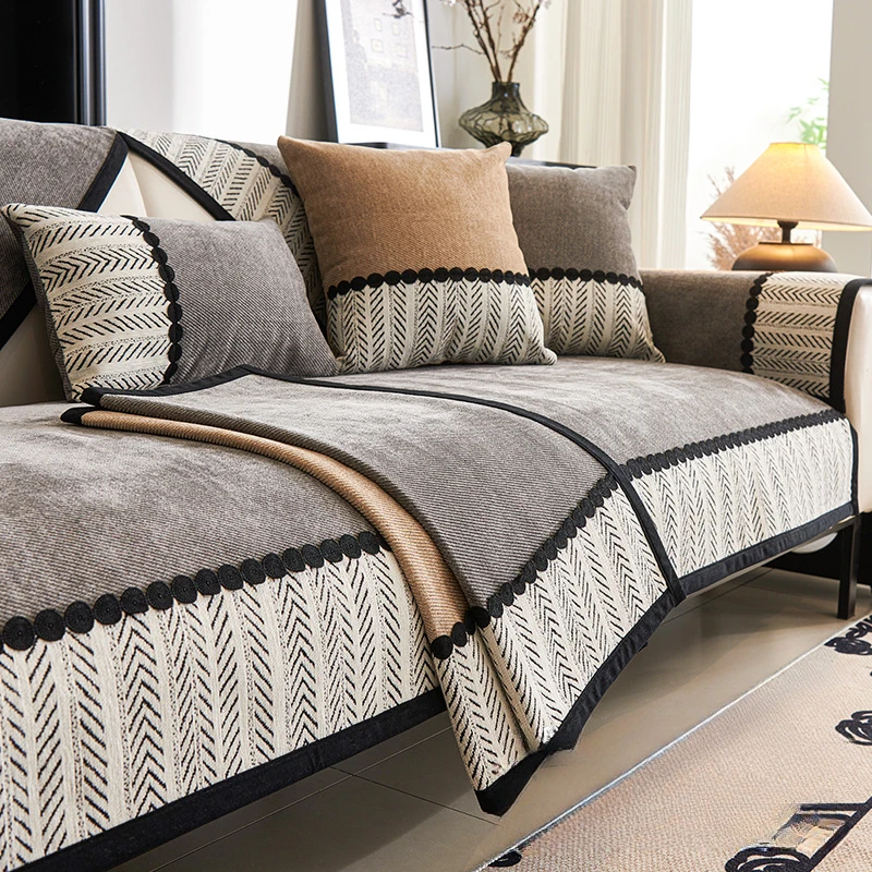 

Contrast Hem Twill Chenille Sofa Cover for All Seasons Living Room Non-slip Sofa Seat Cover Couch Slipcover, Sofa Towel