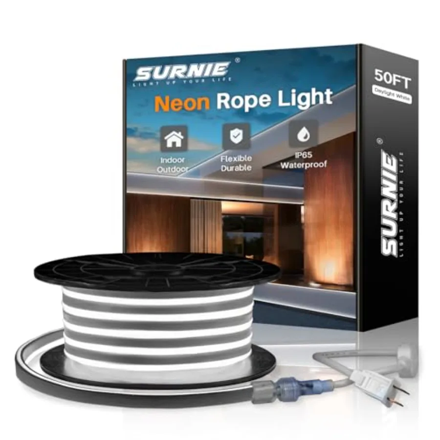 

50ft/15m LED Neon Rope Lights - 110V Flex Strip Lights Outdoor Waterproof - 6000K Daylight Flexible DIY Cuttable Connectable Li