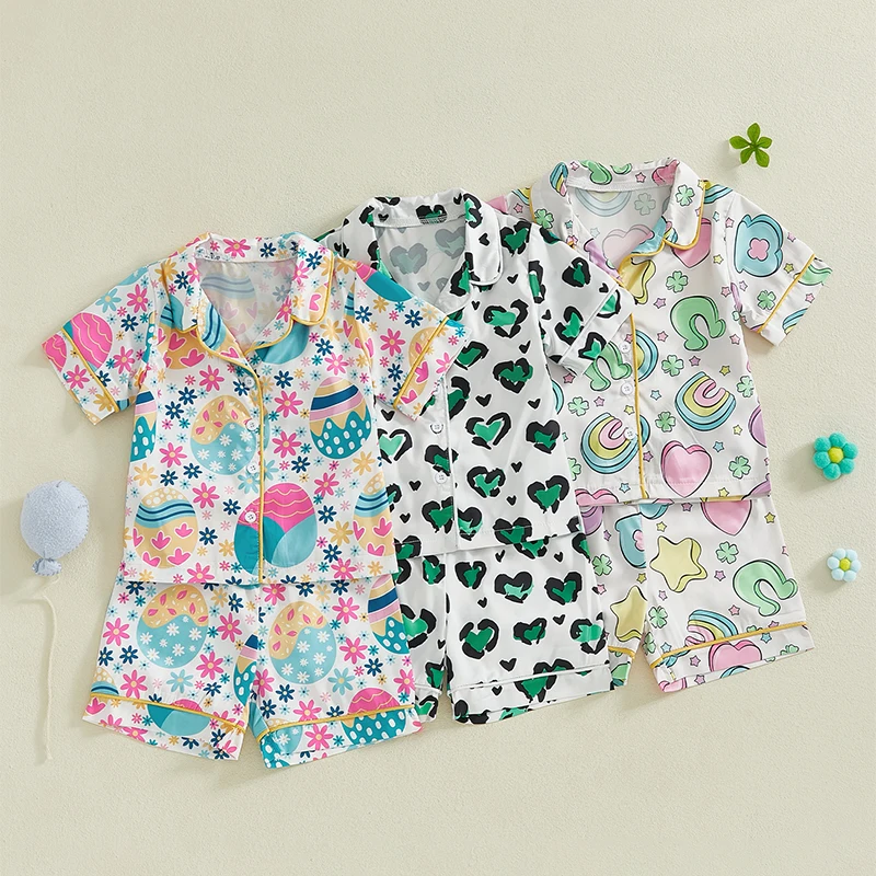 

Girls 2PCS Pajama Sets Short Sleeve Lapel Button Up Dount/Clover/Egg/Leopard Heart Print Shirt Shorts Sleepwear