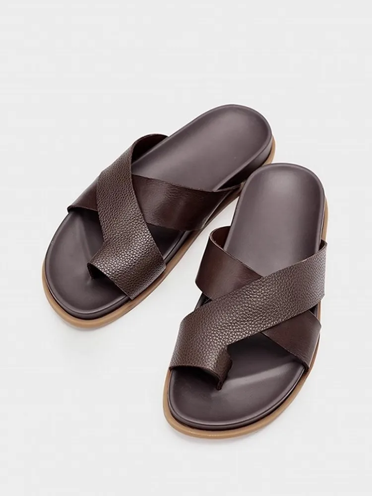 Outside Men Cowhide Genuine Leather Slippers Cross Strap Flip Flops Beach Shoes Flats Comfortable Slip On Loafers Shoes Slippers