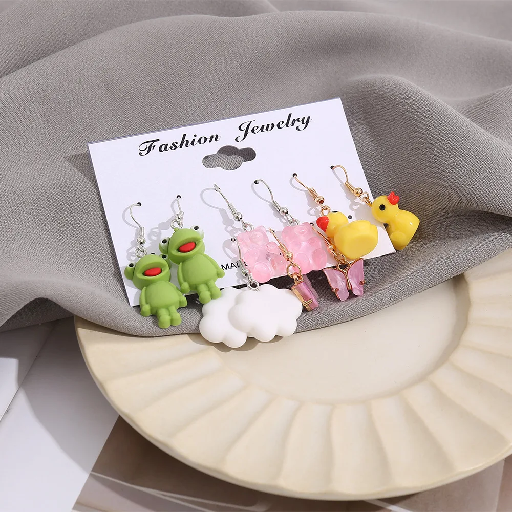 5Pcs/Set Creativity Animal Frog Duck Dangle Earring Clouds Gummy Bear Drop  Funny For Woman Girl Kids Gift Punk Jewelry
