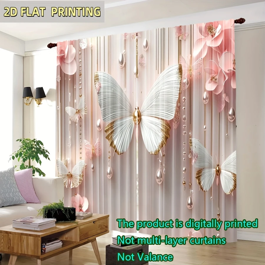 Digital Printed Curtains, Pink Gold Butterfly Shadow Pattern, Stylish Window Treatment for Living Room Bedroom Decor
