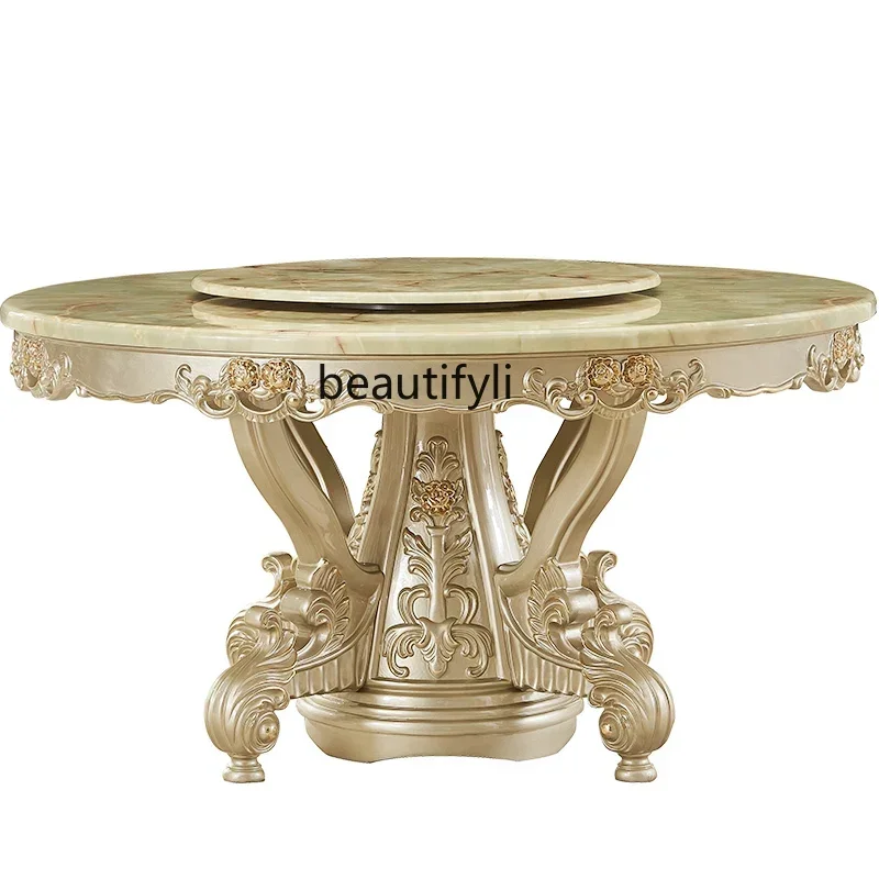 

Cy European Marble Dining Table, Golden Round Table, All Solid Wood Dining Table, Luxury Dining Table And Chairs With Turntable