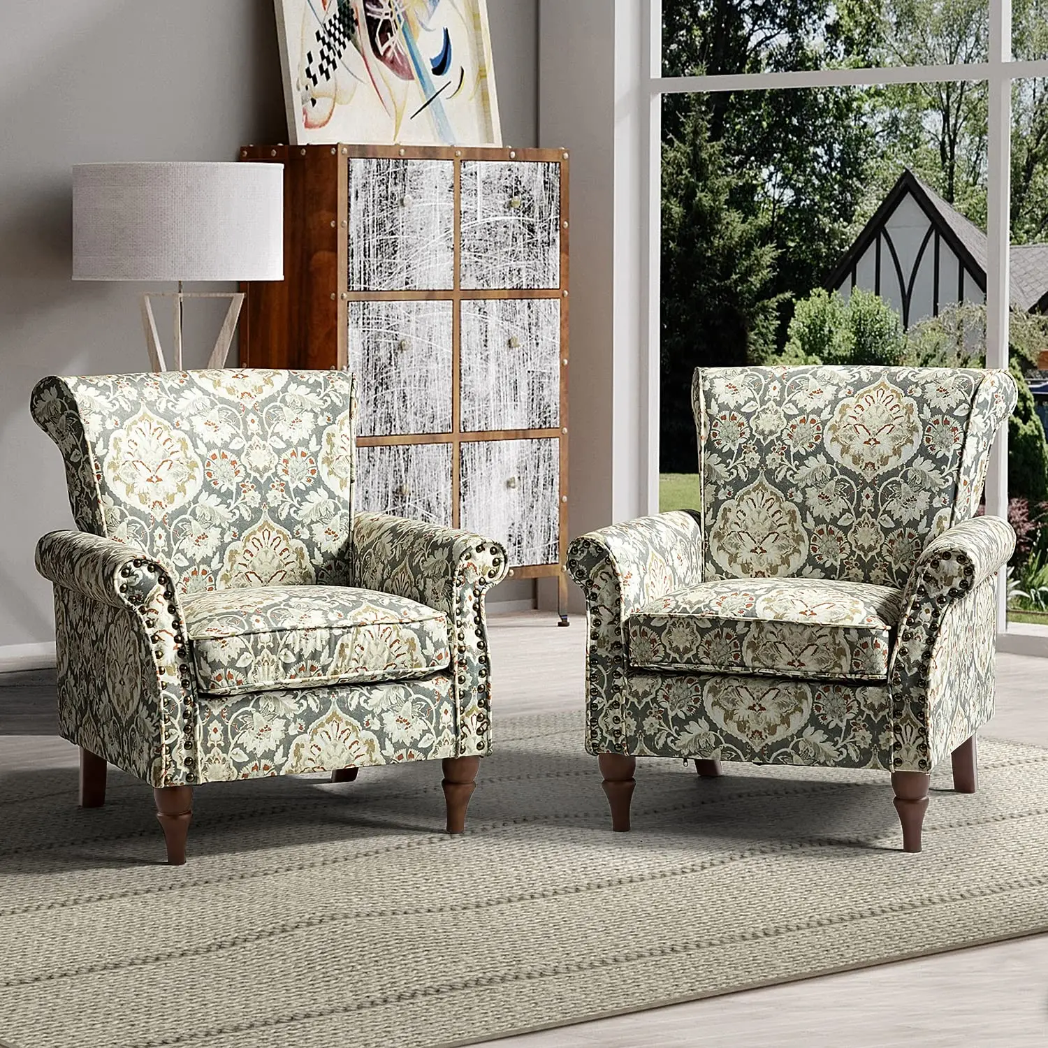 Traditional Floral Accent Chair Set of 2 with Wood Legs, Customized