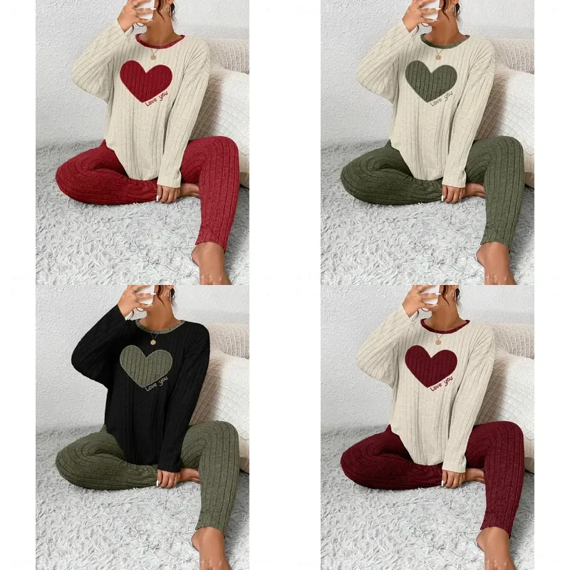 Women Plus Size Heart Print 2‑Piece Loungewear Set Fitted Long Sleeve Top & Long Pants Soft Comfortable Sleepwear Casual Home Wear Pajama Outfit
