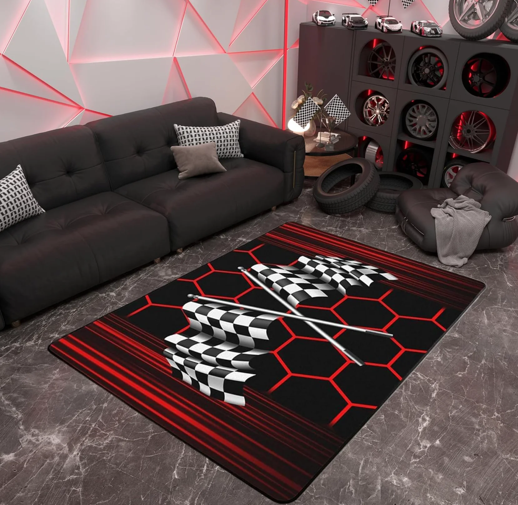 Racing Flag Area Rug Red Stripe and Checkered Pattern Motorsport Inspired Floor Carpet for Car Enthusiast Living Room Bedroom
