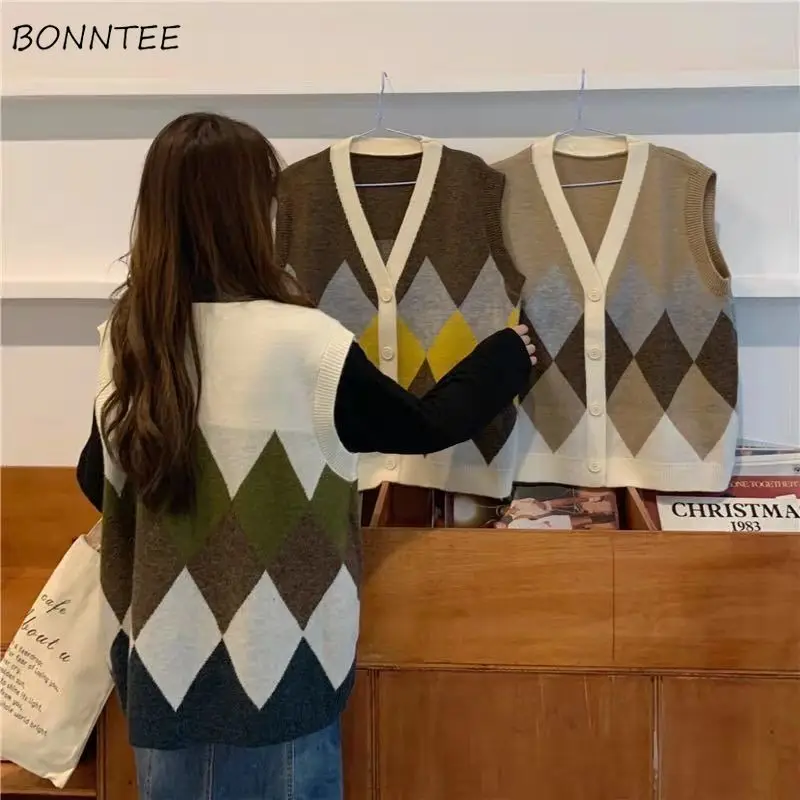 

Sweater Vest Women Argyle Baggy V-neck Harajuku Street Ulzzang Knitted BF College Casual Female Chic Basic Aesthetic Elegant New