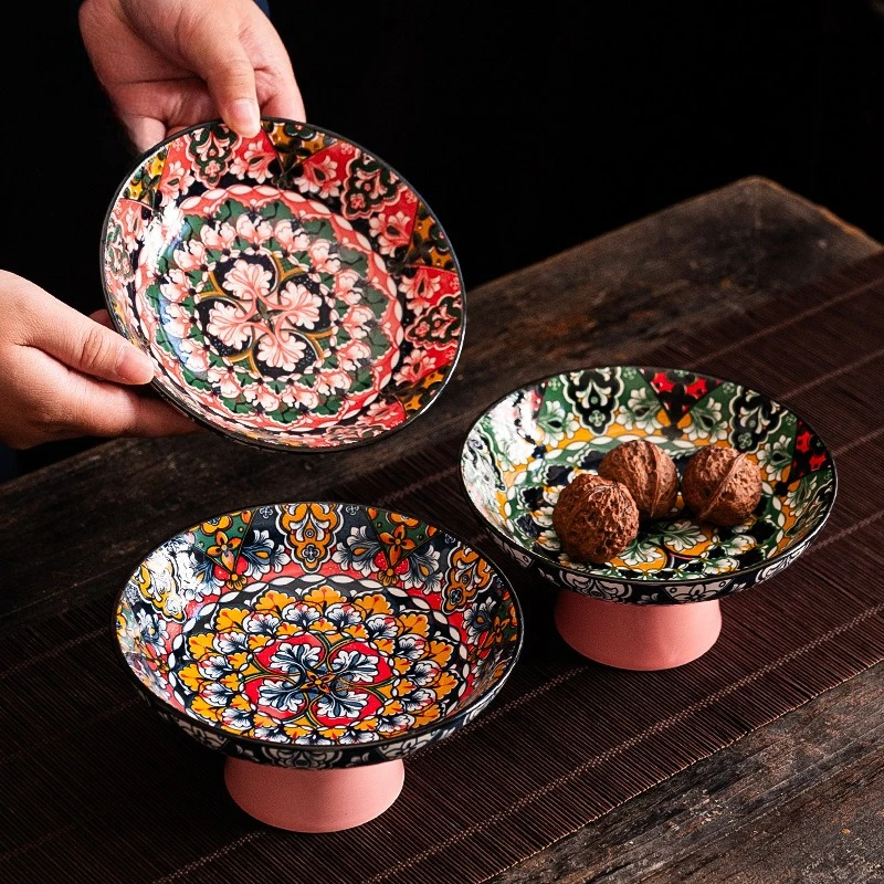 Ceramic High Foot Fruit Plate Chinese Style Printed Snack Tray Elegant Dried Fruit Dish Tea Ceremony Tableware Home Decor