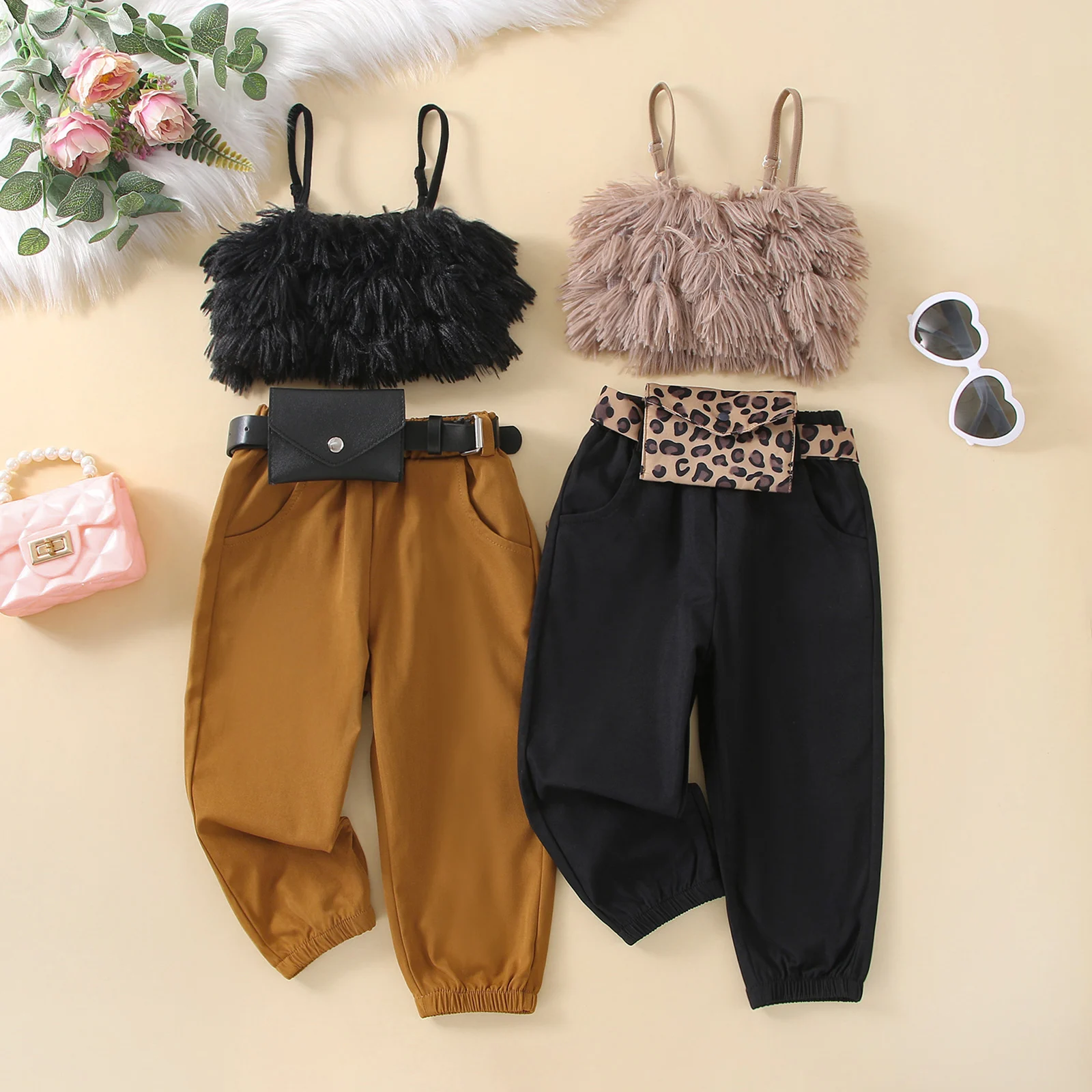 2022-05-26 Lioraitiin 0-6Years Toddler Girls Summer Outfits Furry Spaghetti Strap Tank Tops Long Pants + Waist Bag Set