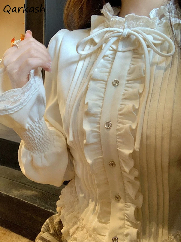 

Шикарные однотонные тонкие универсальные нежные топы, женская модная уличная одежда для взрослых, новые французские элегантные кружевные рубашки с длинными рукавами и оборками, женские рубашки