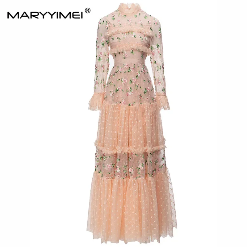 

MARYYIMEI Сетчатое платье с расклешенными рукавами на талии и цветочной вышивкой, весна-осень 2023, новые праздничные лоскутные длинные платья
