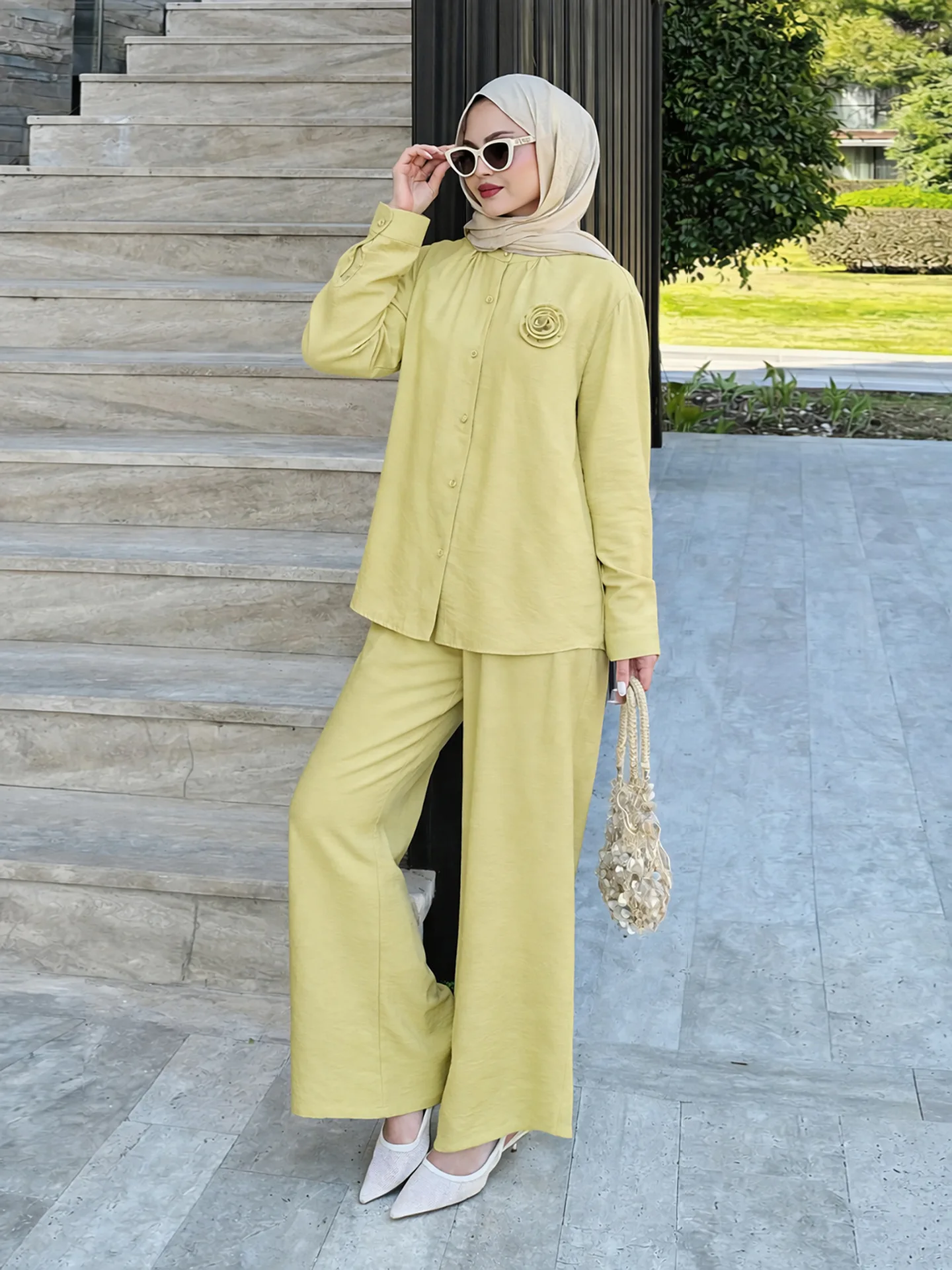 

2026 Мусульманский комплект Ramadan Eid для женщин, комплект из 2 предметов, одинаковые рубашки, брюки, исламская тканевая блузка, брюки, наряды Femme Musulmane Ensembles