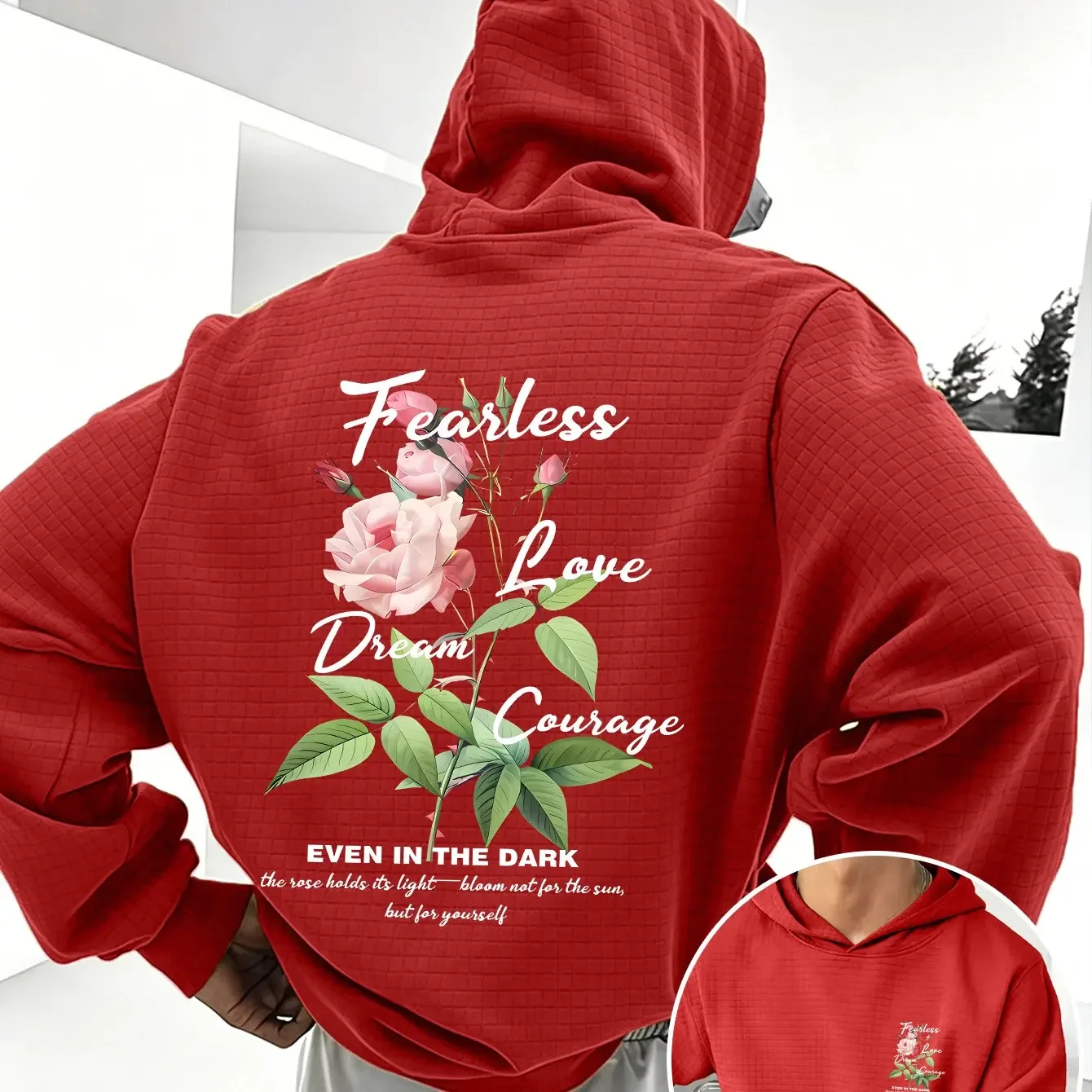 Pink Rose Floral Graphic Hoodie Inspirational Letter Print Sweatshirt Casual Loose Long Sleeve Streetwear Pullover