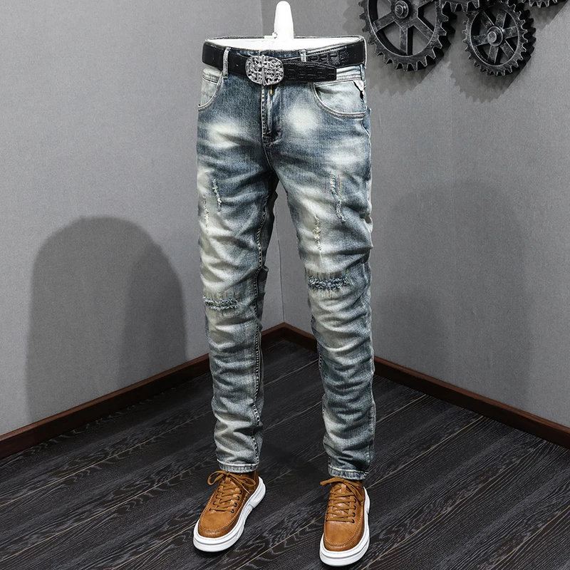 

Fashion Designer Men Jeans Retro Washed Blue Stretch Slim Fit Ripped Jeans Men Embroidery Patched Vintage Denim Pants Hombre