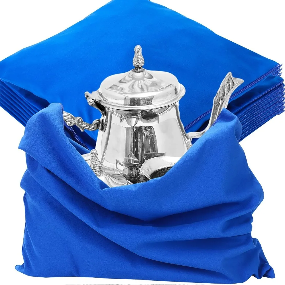 

10 Pack Zippered Anti Tarnish Storage Bags 18x18 Inch Velvet Pouch for Jewelry Silverware Tableware