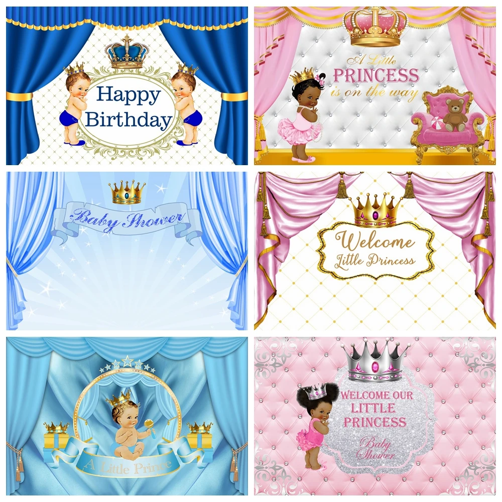 

Baby Shower Backdrops For Photography Blue Pink Curtain Stripes Little Prince Crown Newborn Backgrounds For Photo Studio