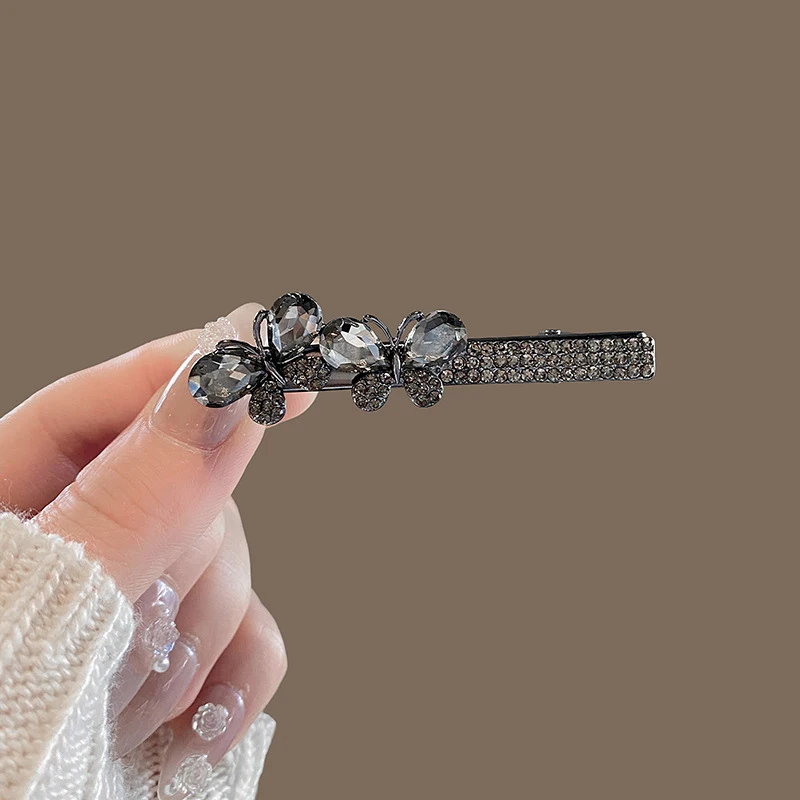 Exquisite Crystal Rhinestone Butterfly Hairpin Women Simple Temperament Side Clip Forehead Bangs Clip Fashionable Duckbill Clip