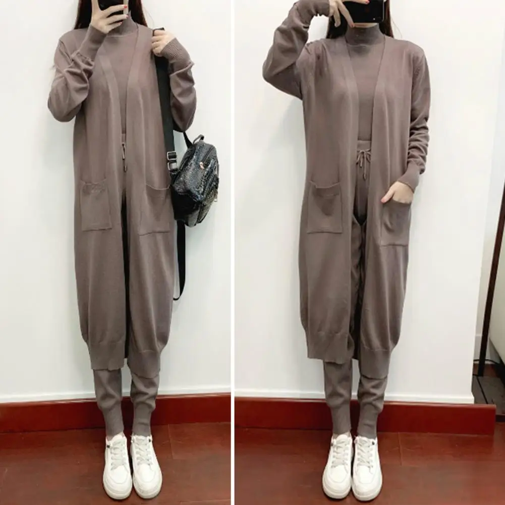 

Women Top Pants Coat Set Cozy Knit Cardigan Set with Elastic Waist Trousers Pockets for Women Autumn Homewear Outfit for Sport