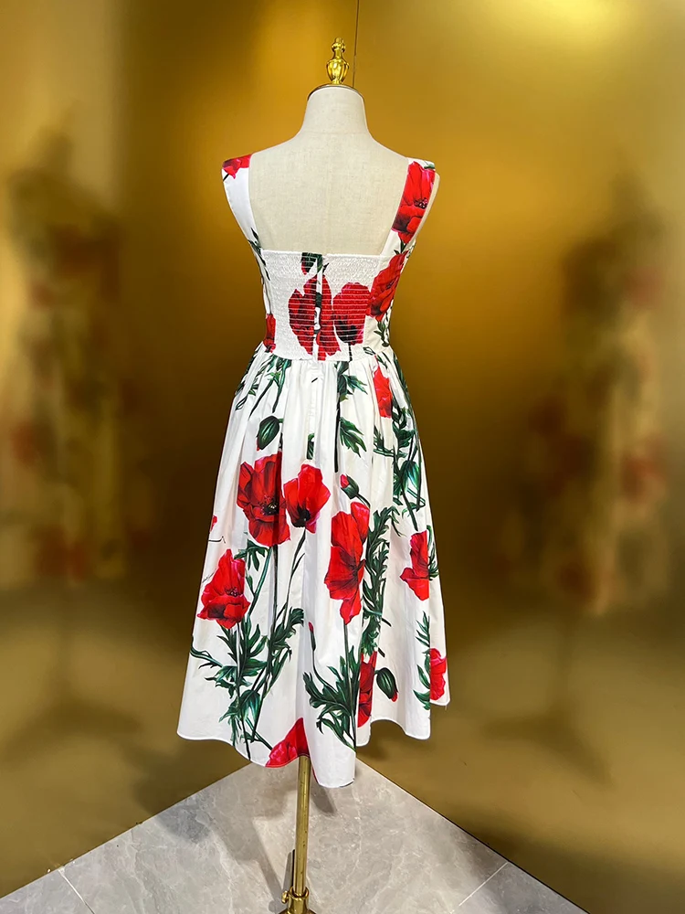 Imagem -02 - Vestido de Cinta de Espaguete Feminino Estampado Flores Vermelhas Expansão da Rua Alta Férias de Festa 100 Algodão Moda