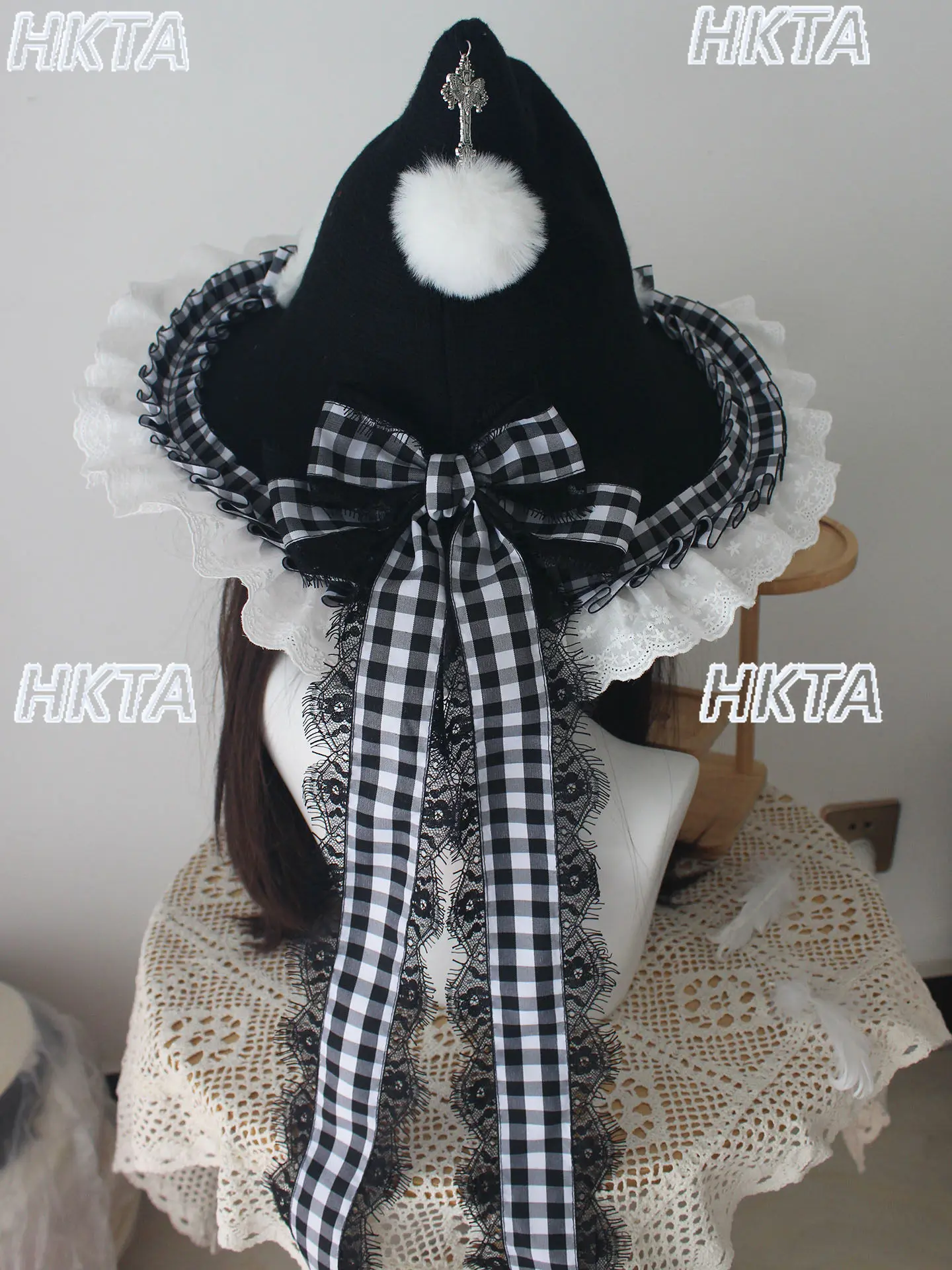 Subculture Y2k Cosplay Sweet Lace Bow Strap Magic Hat Lolita Cute Goth Punk Plaid Cap Black White Hat Diy Accessories Women