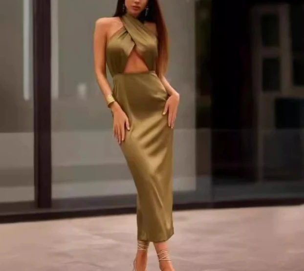 

Satin High-End Cross Neck Sexy Dress for Women Temperament Summer New Fashion Women's High Waist Backless Hip Wrap Dresses