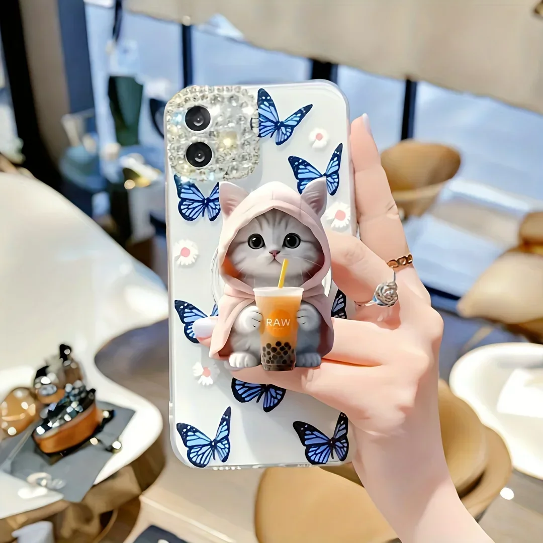 1pc Cute Bubble Tea Cat Phone Stand for iPhone 16 15 14 Acrylic Portable Mobile Holder Expanding Folding Grip Holder Ring Finger