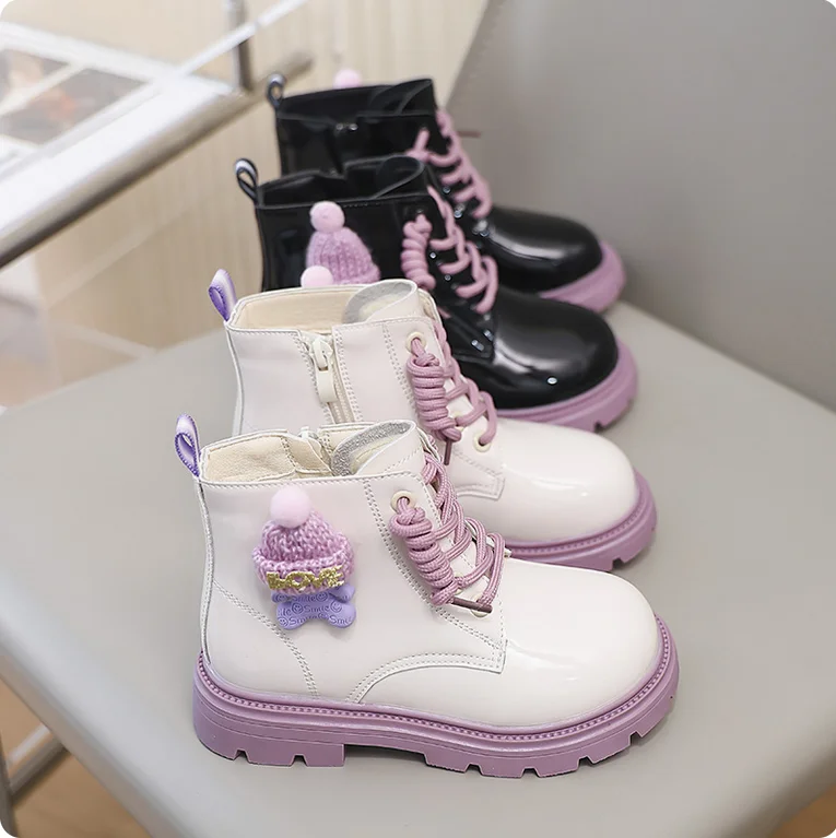 Autumn Winter Children Leather Boots Girls High-top Snow Boots Princess Side Zipper Design Leather Shoes Kids Warm Cotton Boots