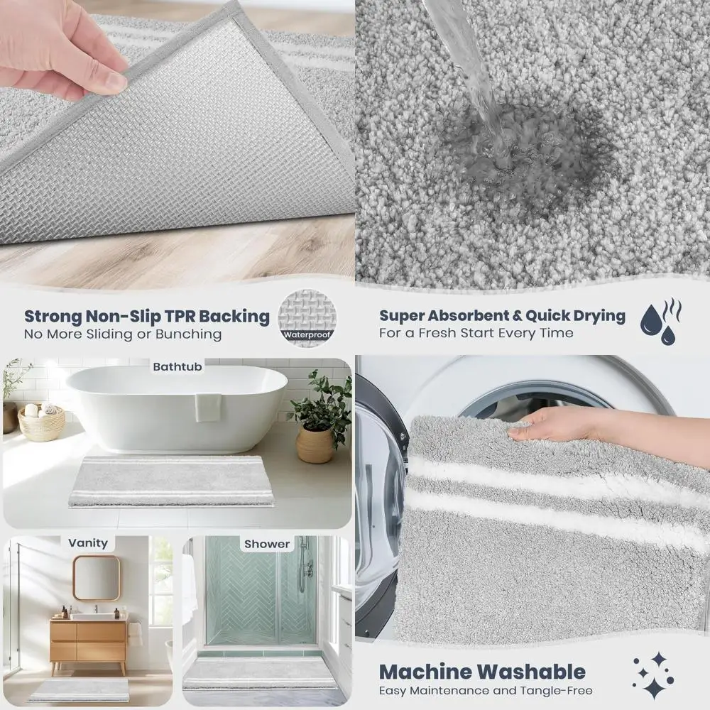 

24x60 Inch Non-Slip, Machine Washable Shaggy Microfiber Bath Mat - Super Absorbent, Quick Dry for Shower, Bathtub, Sink, Light G