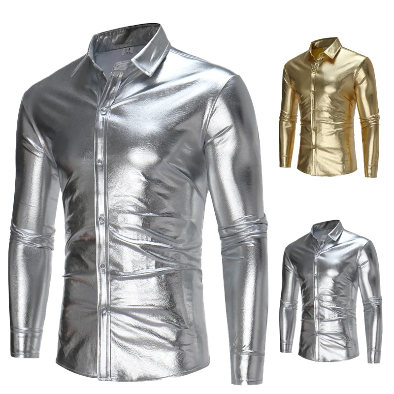 

Silver Smooth Surface Long Sve irt Stage Performance Club Singer Muscle Man Large Size Punk Sle Polyester Fabric irt