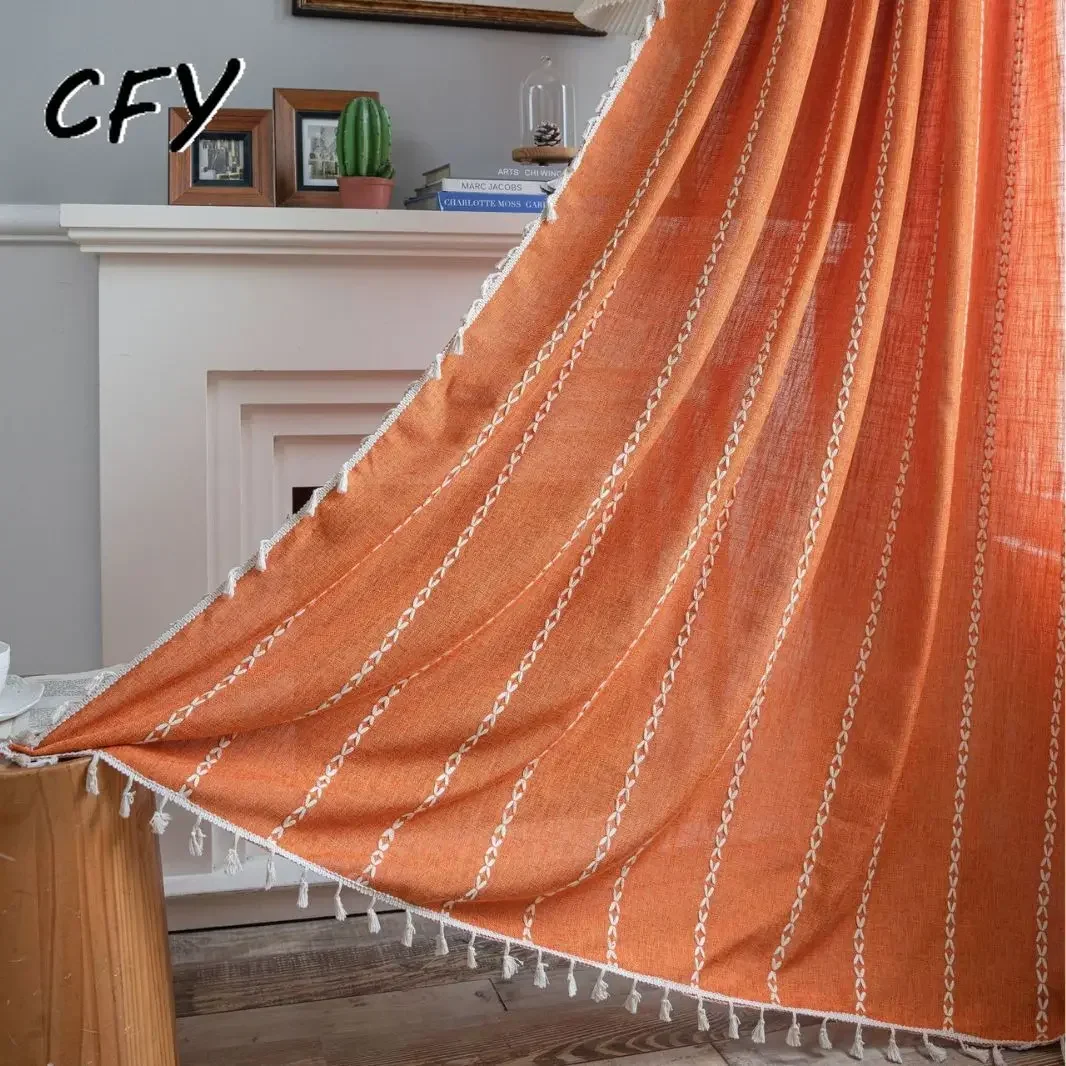 

Cotton Linen Orange Striped Tassel Window Curtain Semi-shading Drapes for Living Room Thickening Bedroom Kitchen Door Drapes