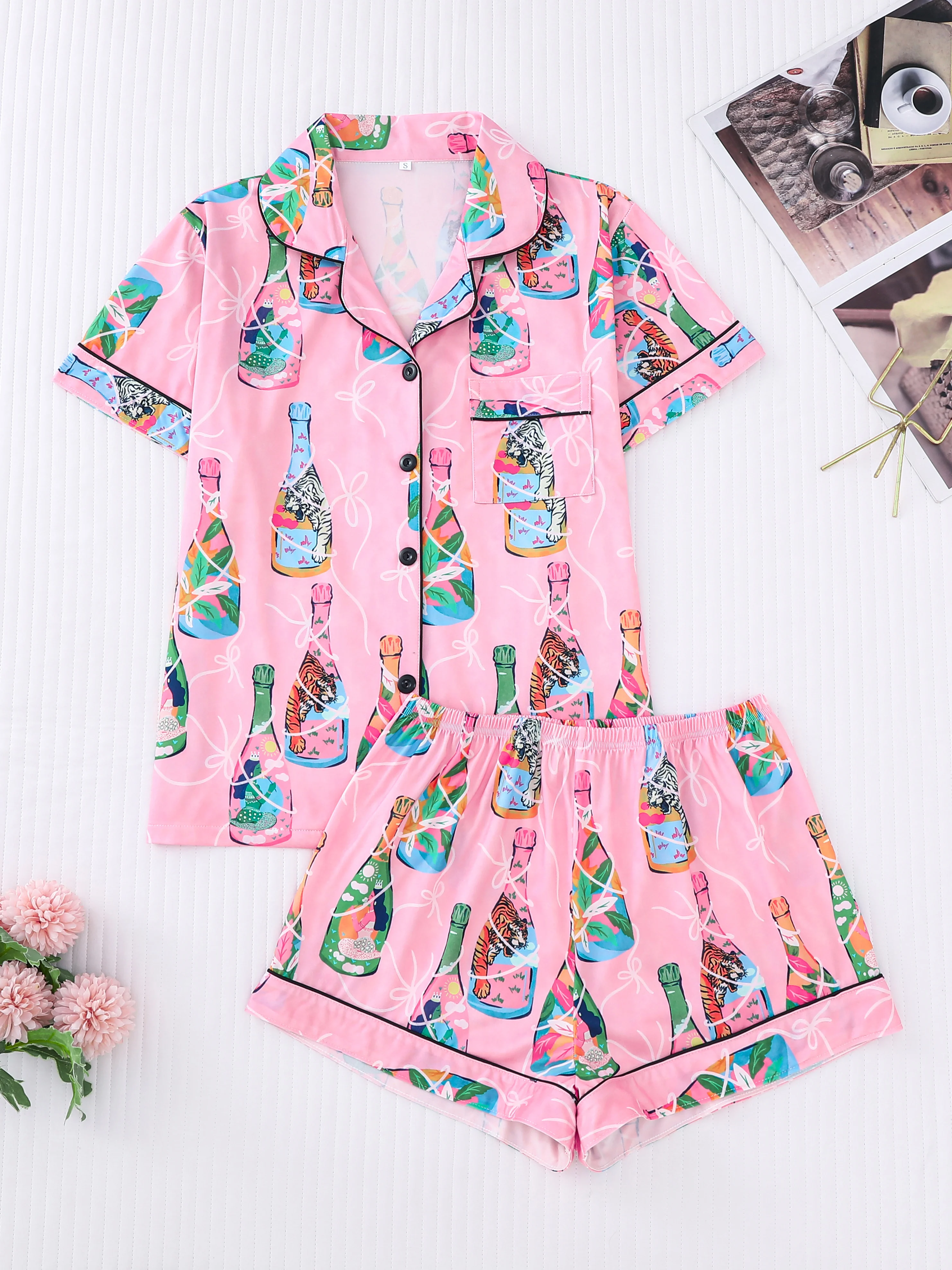 

Женский пижамный комплект с принтом «Тигр в бутылочке», удобный топ с короткими рукавами и лацканами и свободные шорты для женской одежды для дома