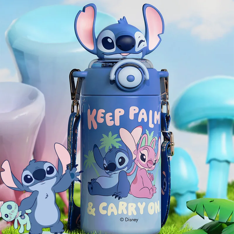 

Cartoon Stitch Childrens Insulated Cup Portable Cute Strap Water Cup Student Use Stainless Steel Water Bottle Straw Bouncing Cup