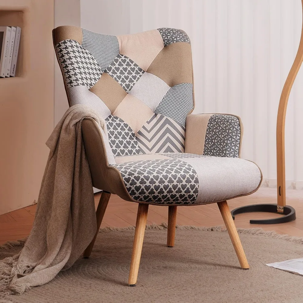 Living Room Accent Chair Modern High Back Arm Chair, Grey Plaid Chairs for Bedroom Waiting Room