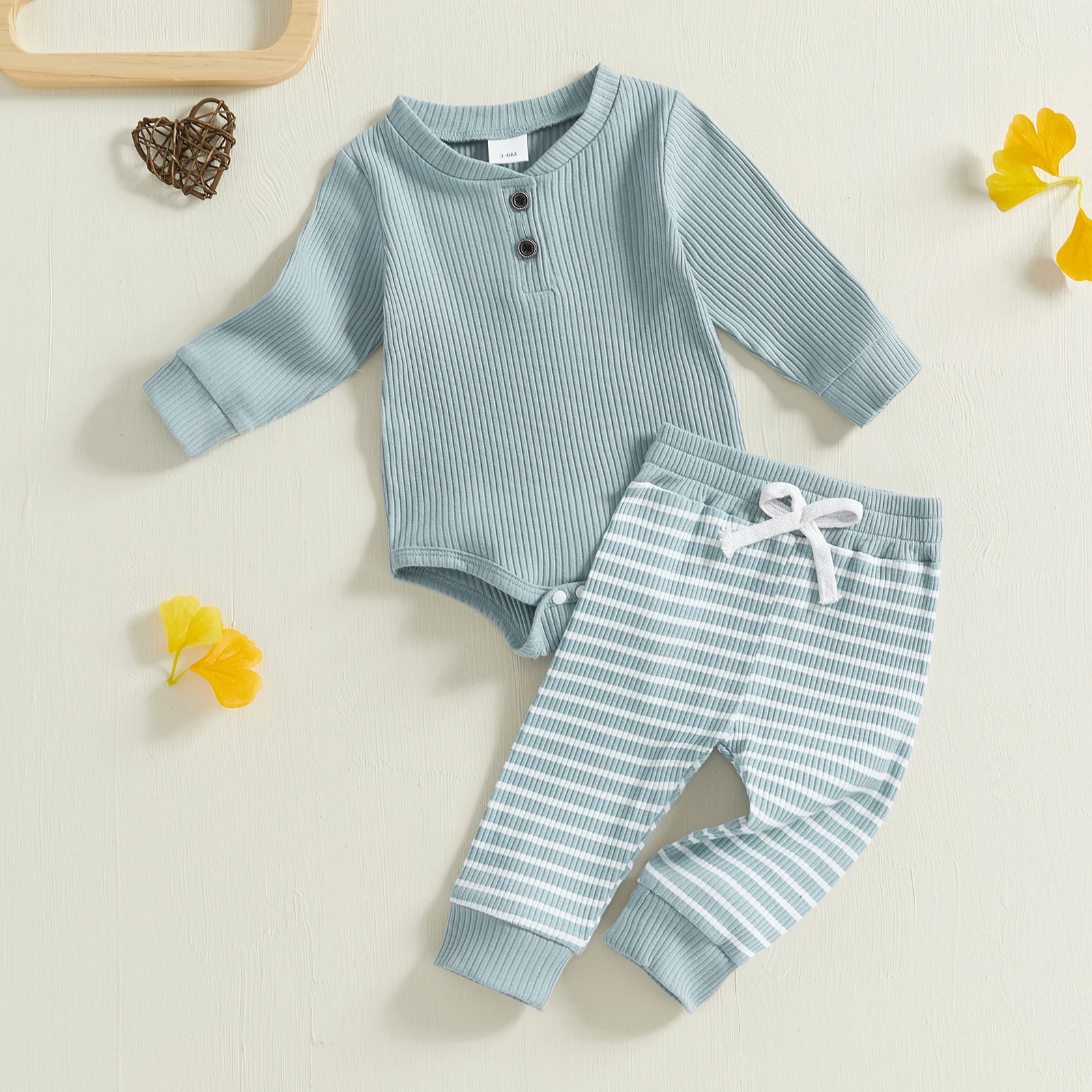 BeQeuewll Casual Baby Boy Long Sleeve Clothes Fall Two Pieces Kid Outfits Solid Ribbed Long Sleeve Romper with Stripe Pants Suit