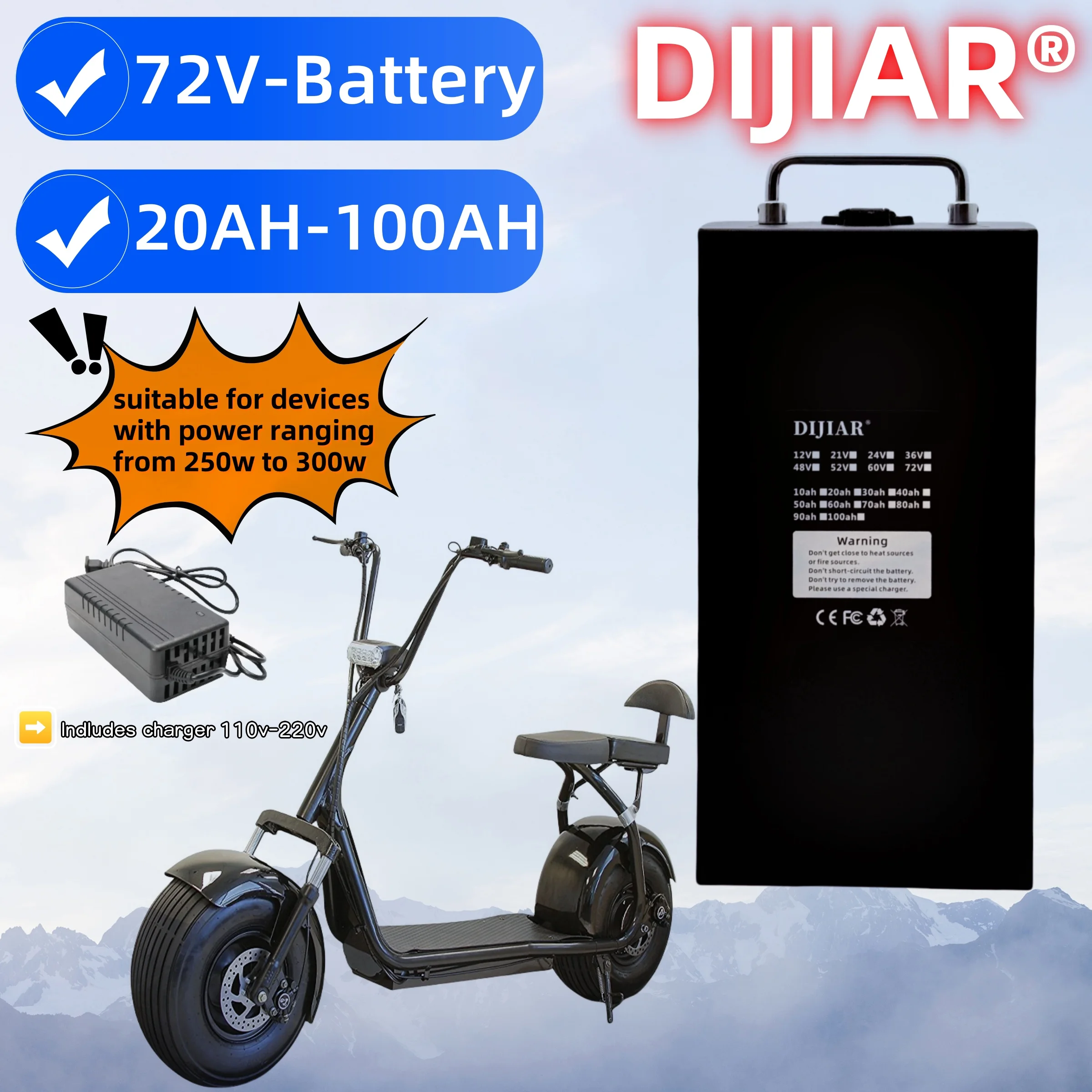 

Brand new Harley 72V18650 lithium battery, air transport, 20AH-100AH, detachable universal type, built-in BMS40AH+charger
