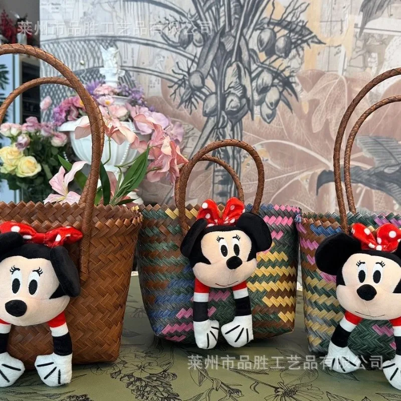 Hand-woven basket Mickey Minnie cartoon Kawai Tot new large capacity one-shoulder fashion vegetable basket bag handbag wholesale