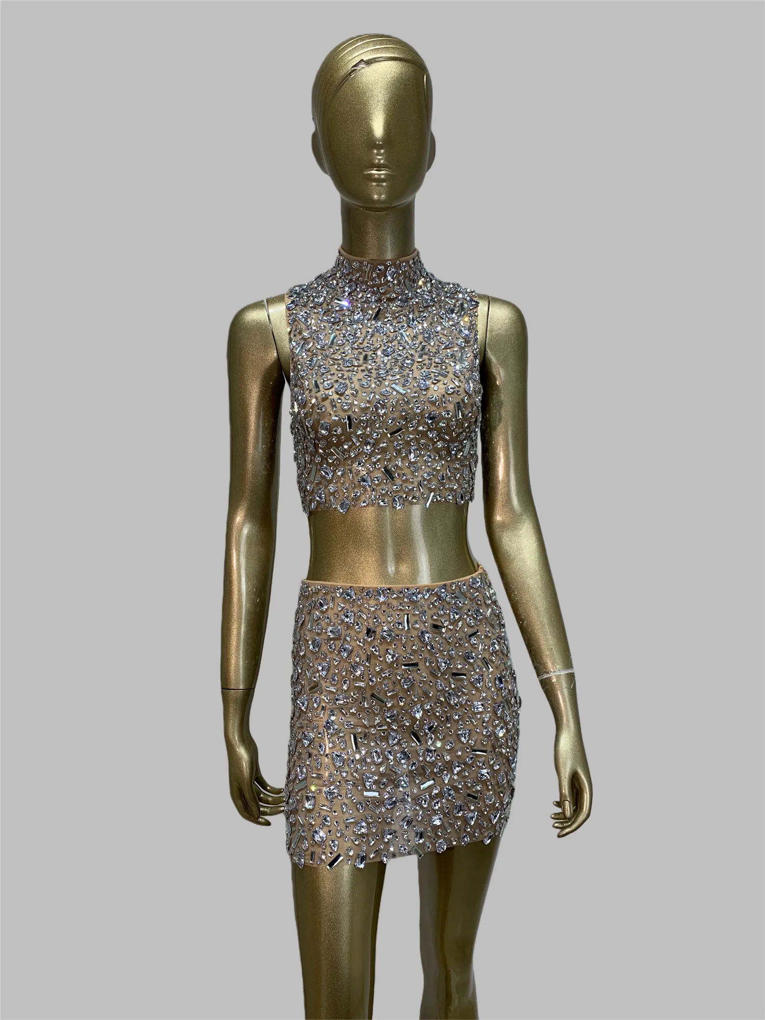 

Hotwife Nightbar Evening Club Party Outfits Bright Rhinestones Transparent Crop Top And Mini Skirt Two Pieces Sets Stage Costume