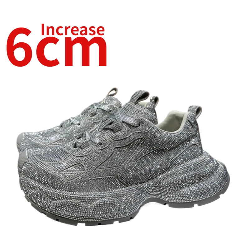 

Sky Full of Stars Water Diamond Casual Shoes for Women's Increased 6cm Genuine Leather Breathable Heightened Silver Dad's Shoes