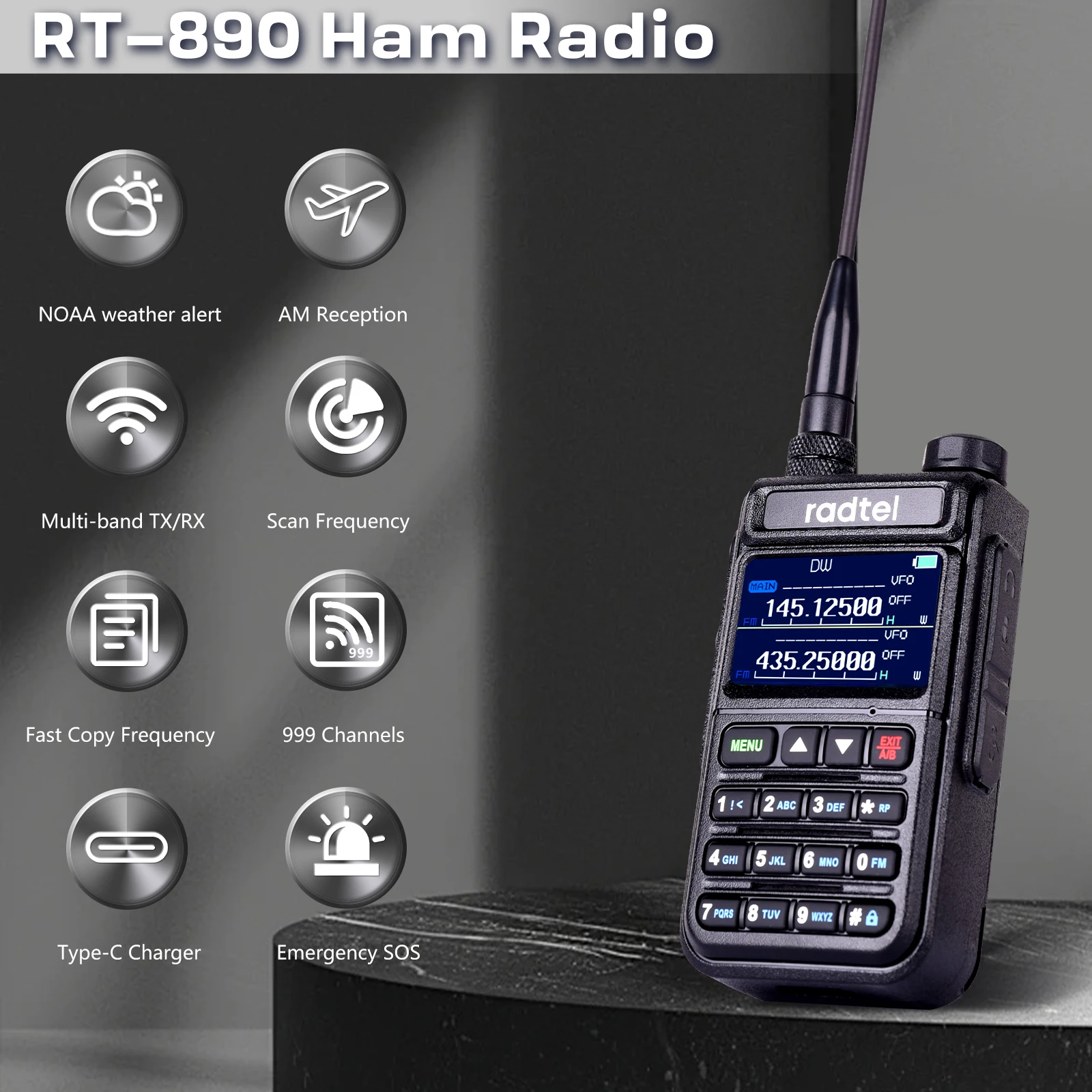 Radtel RT-890 NOAA Weather Channel 6 Band Ham  Amateur 2 Way Radio 999CH Walkie Talkie AM Air Aviation Band Color Scanner Marine