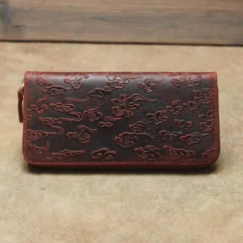 Unisex Dragon Embossed Card Wallet Oriental Style Leather Card Holder Handmade Retro Exquisite Craft MOTAORA