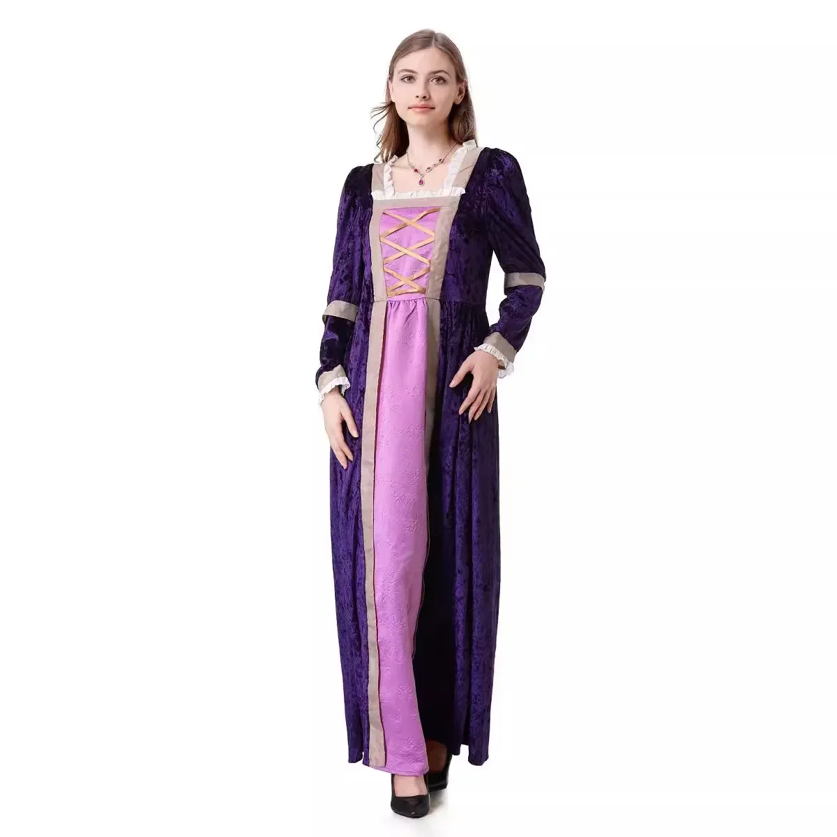 Womens Renaissance Medieval Costume Dress Lace Up Irish Long Dresses Queen Cosplay Retro Gown Halloween Palace Party Dress