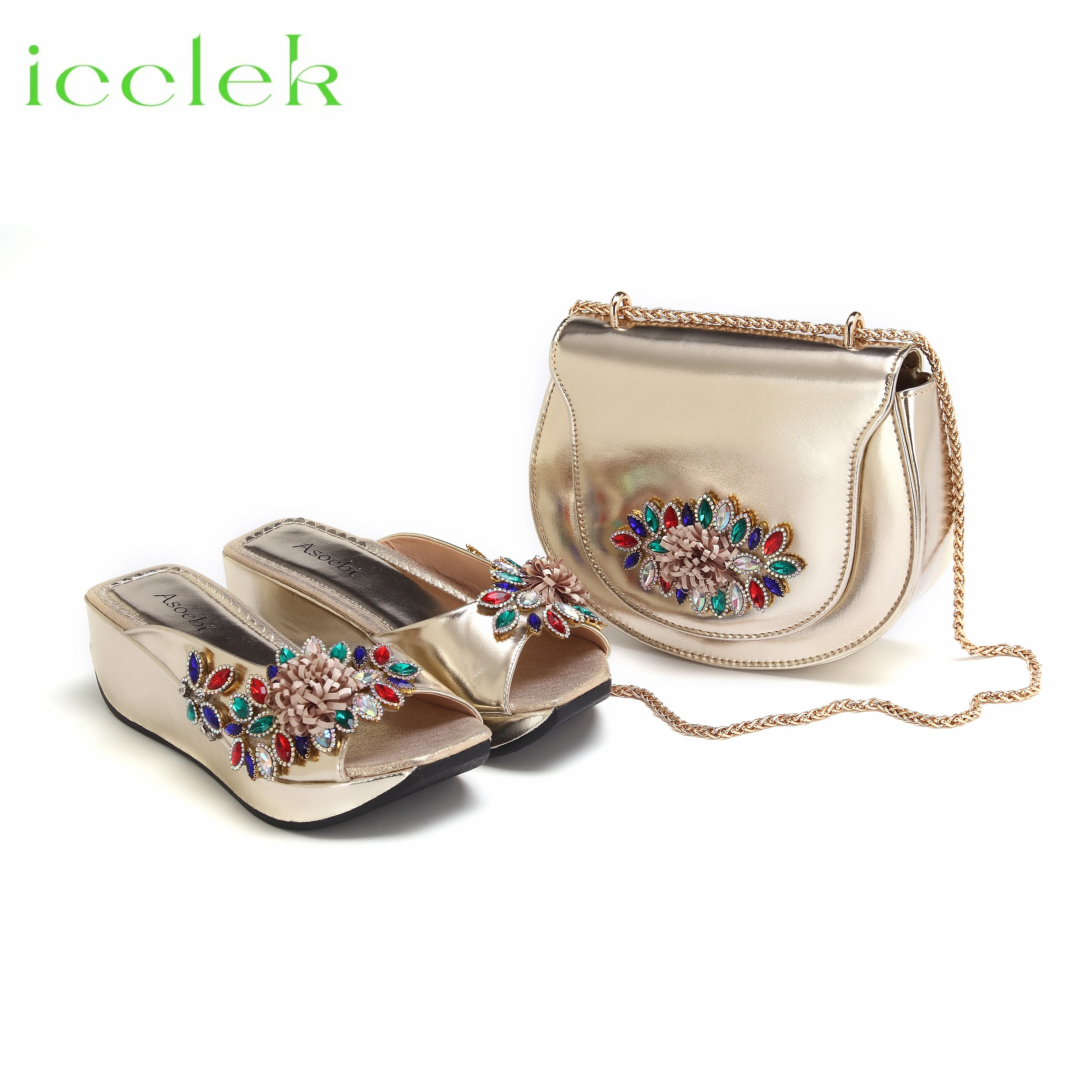 Hot Selling Summer Peep Toe Slipper with Bag Set Decorated with Colorful Rhinestones Design  in Gold  For Party Women