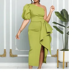 Vestido de noche Sexy con un hombro al descubierto para mujer, vestido elegante de manga corta abullonada, abertura lateral alta, pliegues largos, novedad de verano 2022