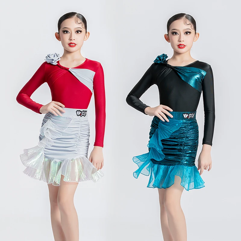 

New Girls Latin Dance Clothing Long Sleeved Pleated Fishbone Skirt Suit Chacha Rumba Tango Dress Latin Practice Clothes DN16638