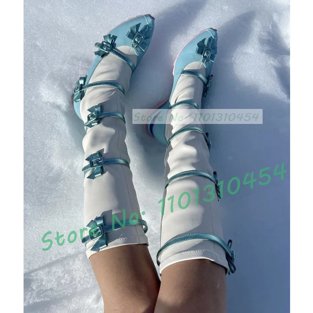 

Blue Bowknot Ribbon White High Boots Women Sweet Multi Buckle Straps Cool Girly Boots Ladies Outfit Patchwork Low Heel Shoes