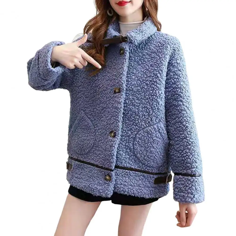 Winter Women Coat Thick Plush Single-breasted Turn-down Collar Long Sleeves Loose Fleece Belt Decor Outerwear Warm Jacket