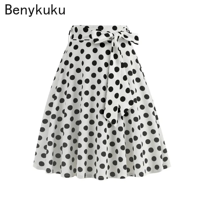 Red High Waist Polka Dot Print Belted Flare Swing Skirt for Women 2024 Summer New in Rockabilly Pinup Vintage Clothes Korean